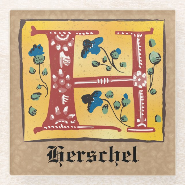 Mittelalterlicher blutlichter Letter H Monogramm Glasuntersetzer (Vorderseite)