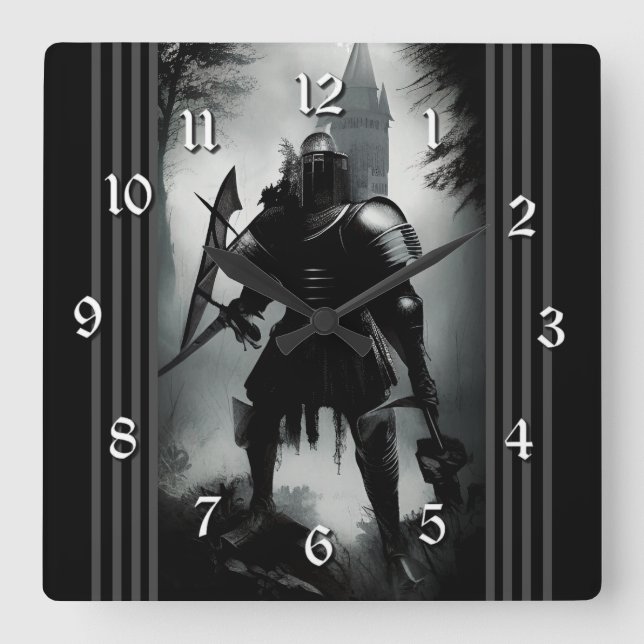 Mittelalterlicher Dunkler Ritter Quadratische Wanduhr (Vorderseite)