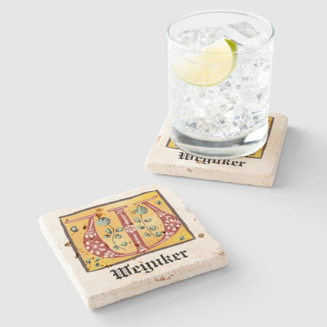 mittelalterlicher, floraler Buchstabe W Monogramm Steinuntersetzer (Seitenansicht)