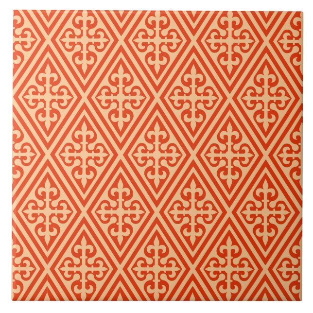 Mittelalterlicher KreuzDamast - Korallenorange und Fliese (Vorderseite)