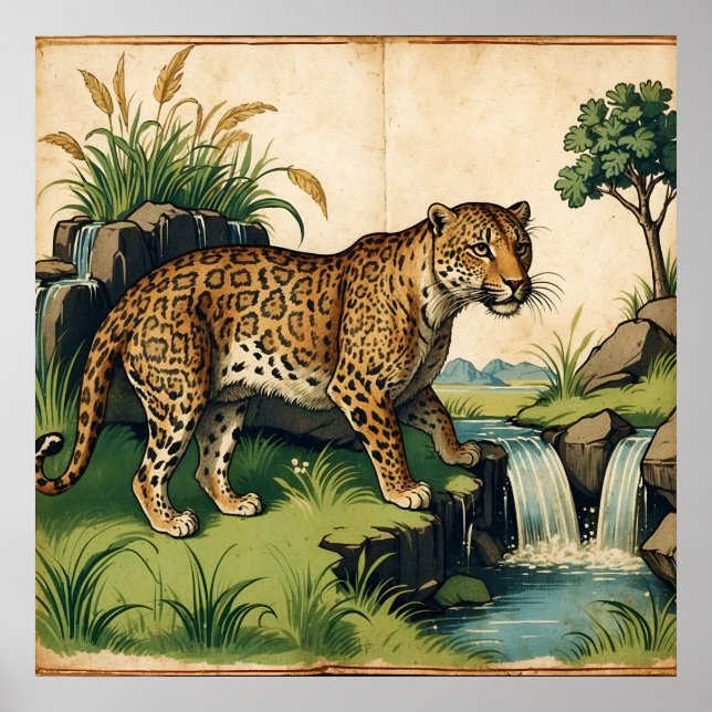 Mittelalterlicher Leopard mit Blick auf den Atlant Poster (Vorne)