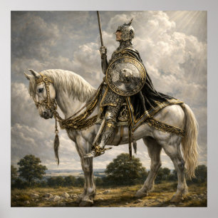 Mittelalterlicher Ritter auf einem Pferd Retro Fan Poster