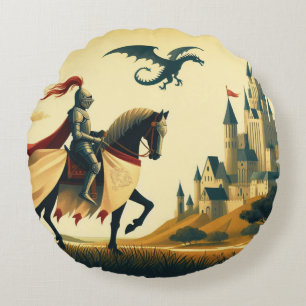 Mittelalterlicher Ritter/Drache/Burgfantsänger Rundes Kissen