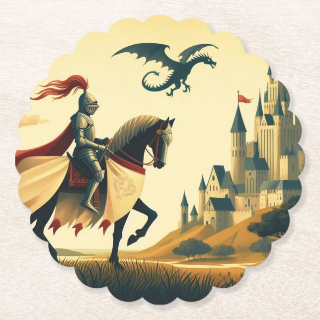 Mittelalterlicher Ritter/Drache/Burgfantsänger Untersetzer (Vorderseite)