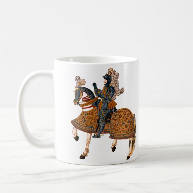 Mittelalterlicher Ritter im Rüstzeug auf Pferd Kaffeetasse (Links)