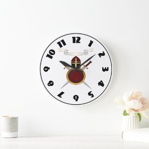 mittelalterlicher Ritterwappen Helm Schwerter Schi Große Wanduhr