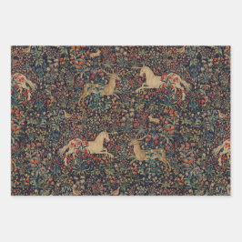 Mittelalterlicher Unicorn Mitternacht Blumengarten Geschenkpapier Set