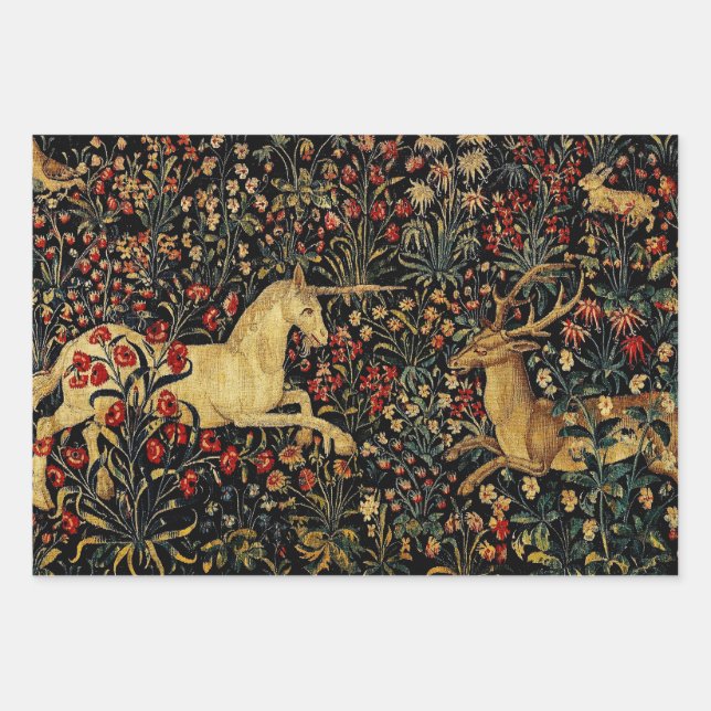 Mittelalterlicher Unicorn Mitternacht Blumengarten Geschenkpapier Set (Vorderseite)