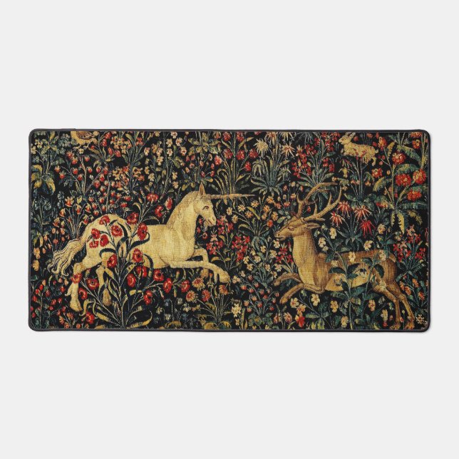 Mittelalterlicher Unicorn Mitternacht Blumengarten Schreibtischunterlage (Vorderseite)