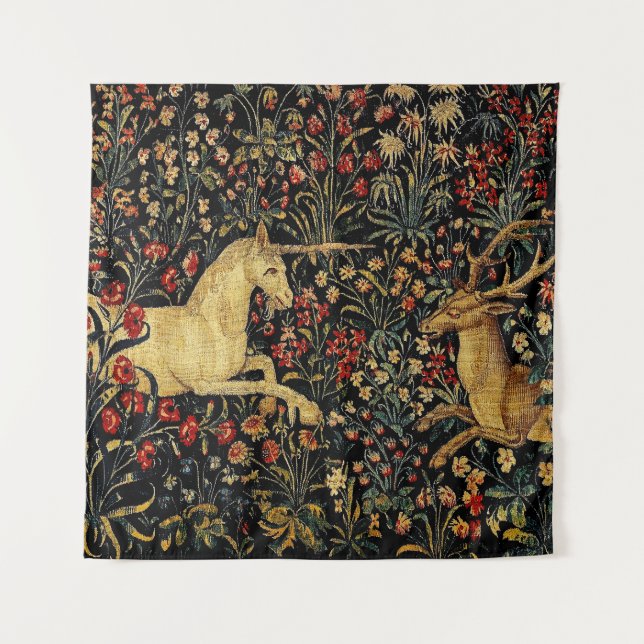 Mittelalterlicher Unicorn Mitternacht Blumengarten Wandteppich (Vorderseite)