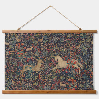 Mittelalterlicher Unicorn Mitternacht Blumengarten Wandteppich Mit Holzrahmen