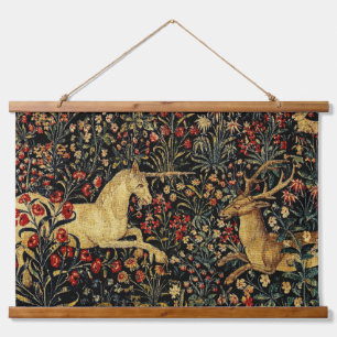 Mittelalterlicher Unicorn Mitternacht Blumengarten Wandteppich Mit Holzrahmen