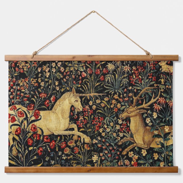 Mittelalterlicher Unicorn Mitternacht Blumengarten Wandteppich Mit Holzrahmen (Vorne)