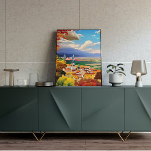 Mittelalterliches Dorf mit Naturmalerei Poster