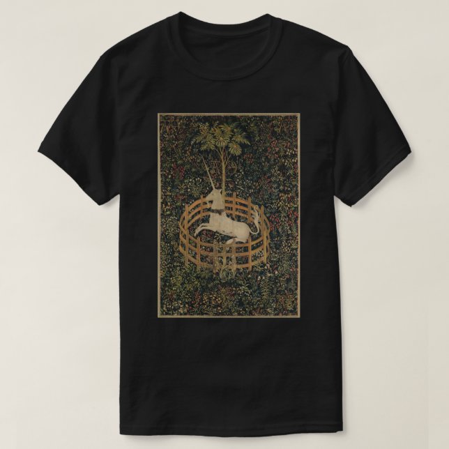 Mittelalterliches Einhorn in Gefangenschaft Blumen T-Shirt (Design vorne)