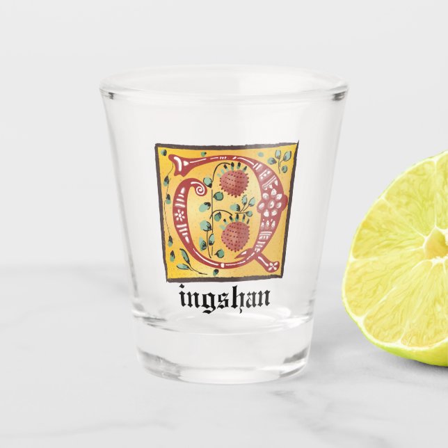 Mittelalterliches florales Leuchtschreiben Q Monog Schnapsglas (Vorderseite)