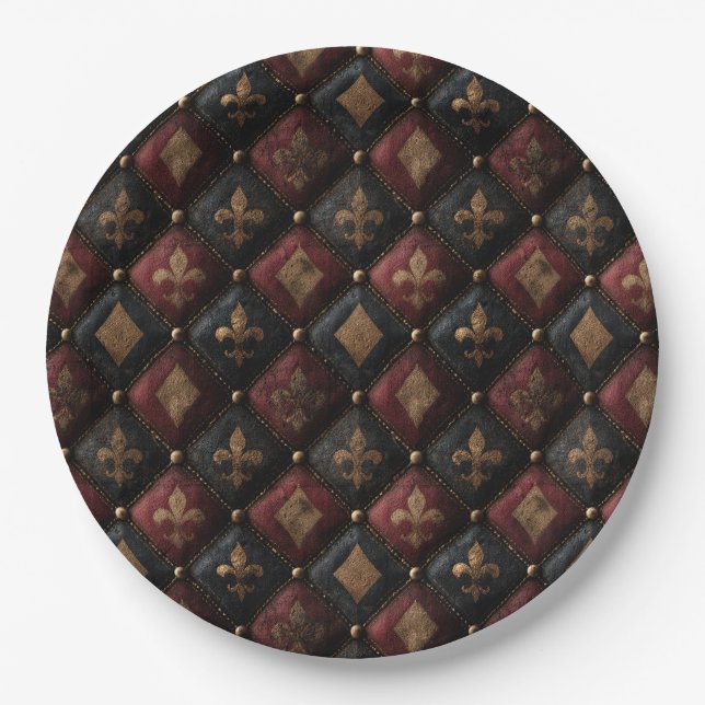Mittelalterliches gebauschtes Fleur-de-Lis-Harleki Pappteller (Vorderseite)