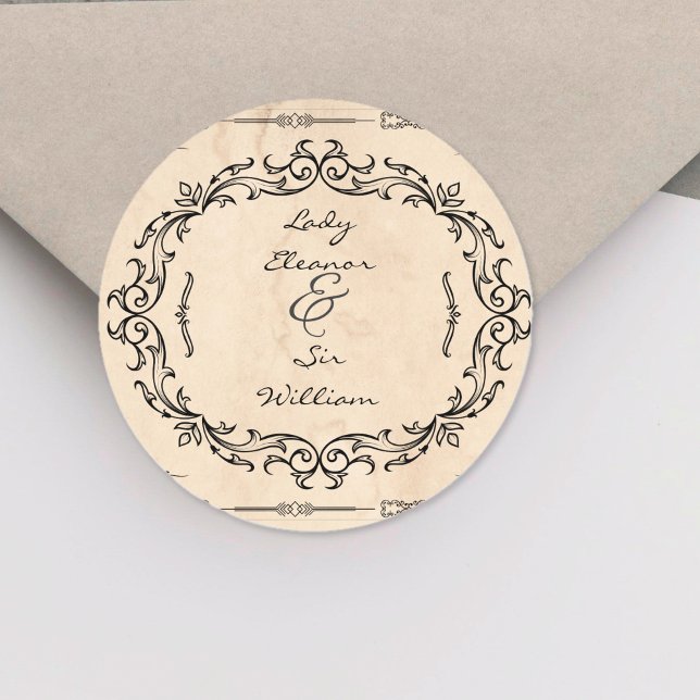 Mittelalterliches Manuskript Elegante Hochzeit Runder Aufkleber (Medieval Manuscript Elegant Wedding Classic Round Sticker)