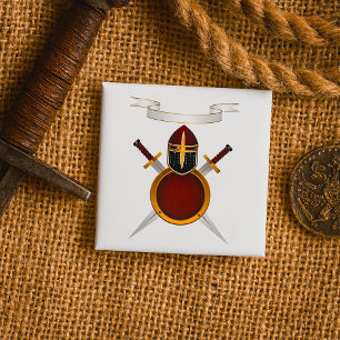 mittelalterliches Ritterwappen Helm Schwerter Schi Button