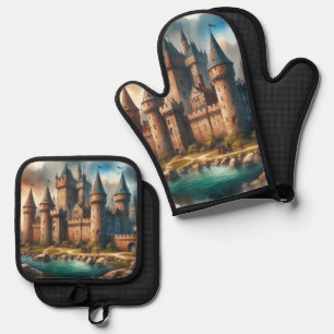 Mittelalterliches Schloss am Lago Maggiore Ofenhandschuh & Topflappen-Set