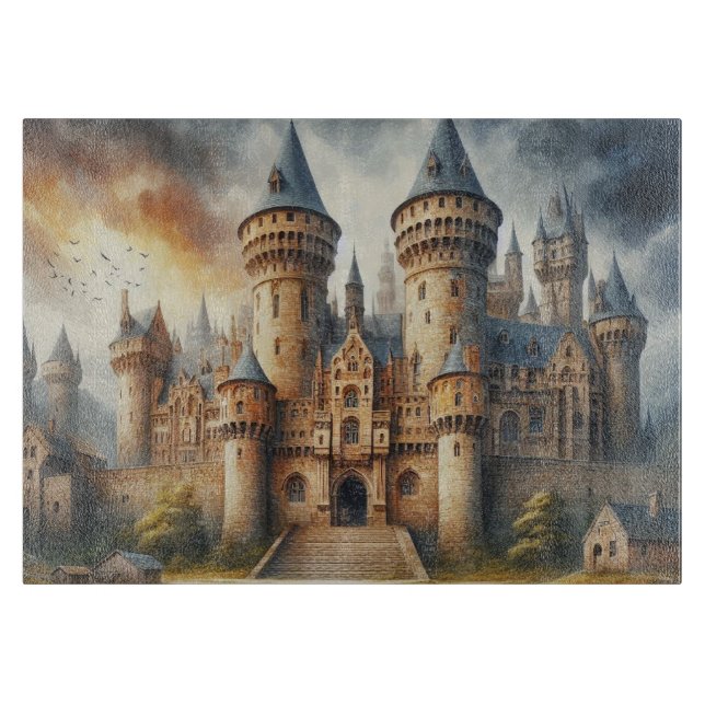 Mittelalterliches Schloss bei Sonnenuntergang mit  Schneidebrett (Vorderseite)
