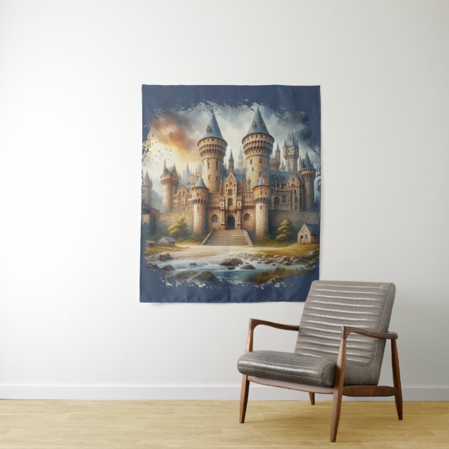 Mittelalterliches Schloss bei Sonnenuntergang mit  Wandteppich (Beispiel)