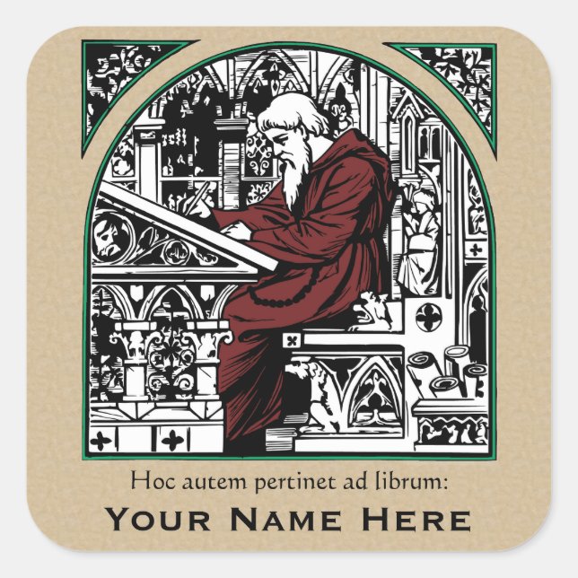 Mittelalterliches Schreibtisch und Mönch-Buchzeich Quadratischer Aufkleber (Vorderseite)