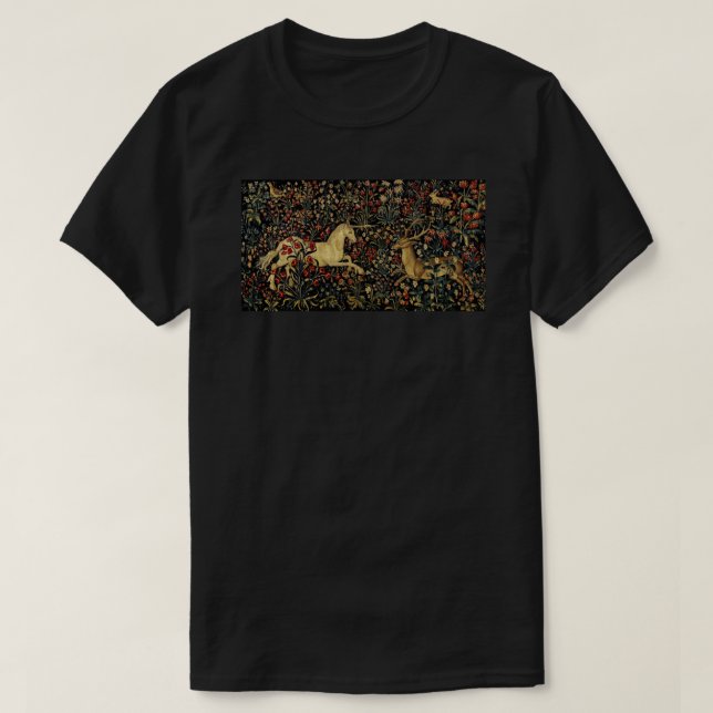 Mittelalterliches Unicorn Mitternacht florales Tap T-Shirt (Design vorne)