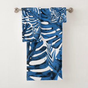 Mittelblaue Denim Blaue Tropische Palmblätter Inse Badhandtuch Set