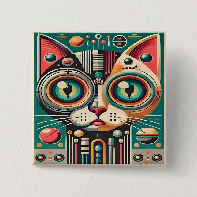 Mitteljahrs-Retro-Futuristikkatze Button (Vorderseite)