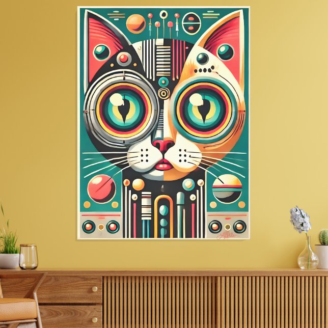 Mitteljahrs-Retro-Futuristikkatze Leinwanddruck (Insitu (Wohnzimmer))