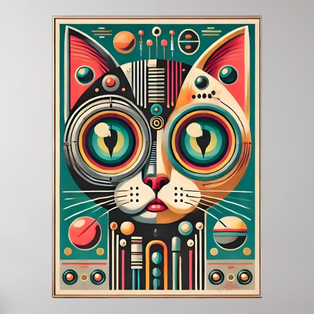 Mitteljahrs-Retro-Futuristikkatze Poster (Vorne)