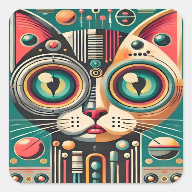 Mitteljahrs-Retro-Futuristikkatze Quadratischer Aufkleber (Vorderseite)