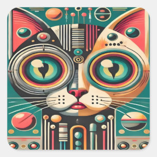Mitteljahrs-Retro-Futuristikkatze Quadratischer Aufkleber