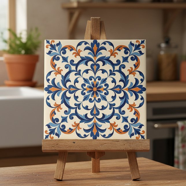 Mittelmeer-Azulejo-Stil Marineblau und Orange Fliese (Von Creator hochgeladen)