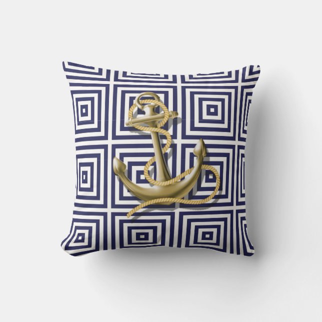 Mittelmeer-Blau-Griechisches Muster Nautic Anchor Kissen (Vorderseite)