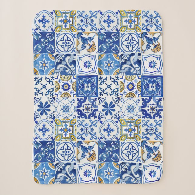 Mittelmeer Blau, Weiß und Gelb Blumenmuster Sherpadecke (Vorderseite)