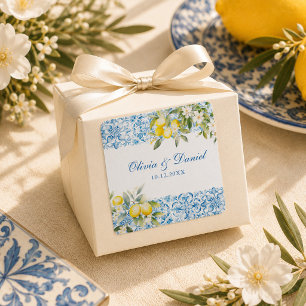 Mittelmeer Blaue Fliesen & Zitronen Hochzeit Quadratischer Aufkleber