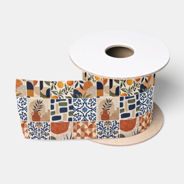 Mittelmeer-Boho-Fliesenmuster Satinband (Spule)