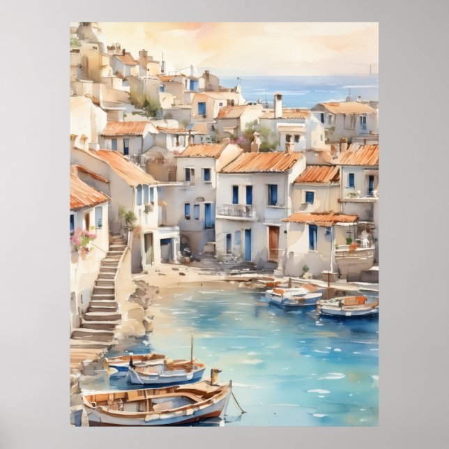 Mittelmeer Boho Wasserfarbdorf  Poster (Vorne)
