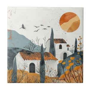 Mittelmeer-Dorf-Terrakotta-Sonnenlandschaft Fliese