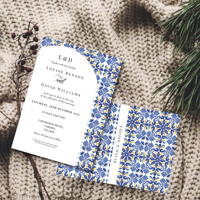 Mittelmeer Elegant Blau und Gelb Hochzeit Einladung (Von Creator hochgeladen)