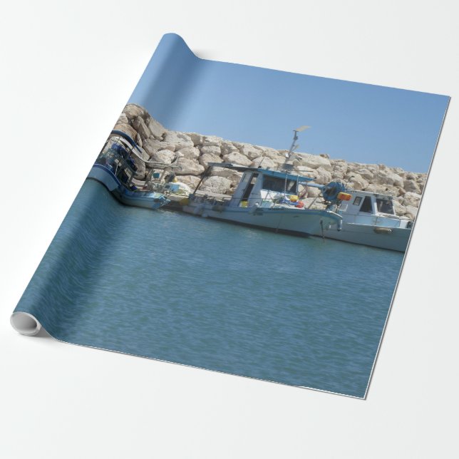 Mittelmeer-Fischerboote in Blaumeer-Design Geschenkpapier (Ungerollt)