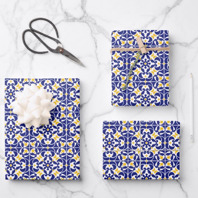 Mittelmeer Fliesen Blau-Gelb Muster Geschenkpapier Set (Vorderseite)