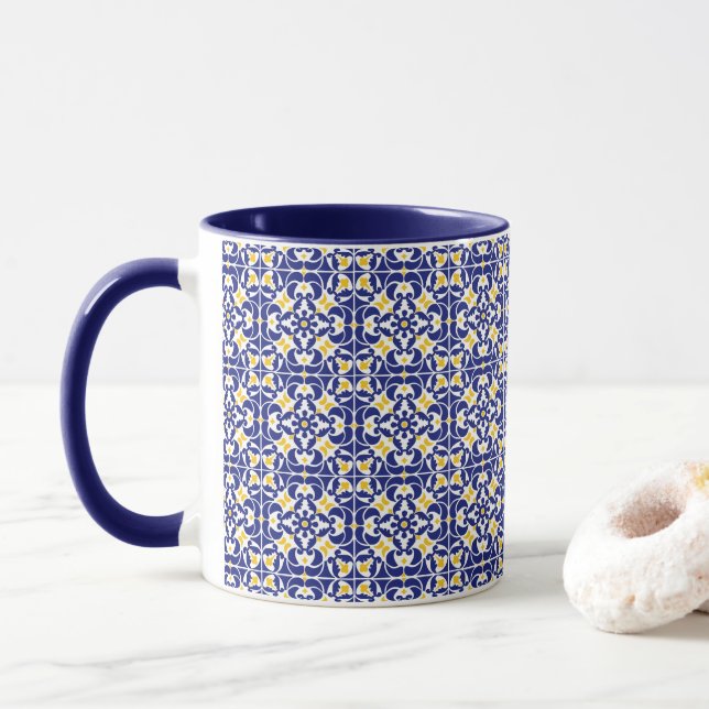 Mittelmeer Fliesen Blau-Gelb Muster Tasse (Mit Donut)