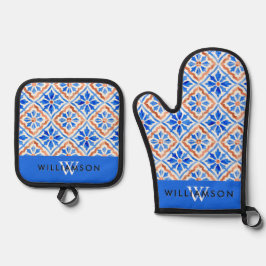 Mittelmeer-Fliesen-Küstenmuster mit Monogramm Ofenhandschuh & Topflappen-Set