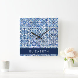 Mittelmeer-Fliesen, Portugal, Azulejo, Ihr Name Quadratische Wanduhr