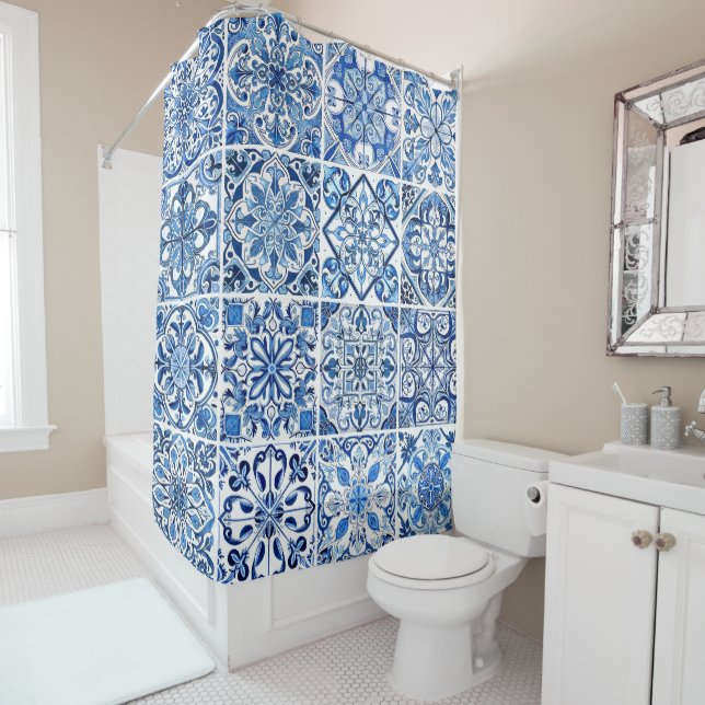 Mittelmeer-Fliesen, Portugal, Azulejo, Majolica Duschvorhang (Beispiel)