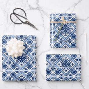Mittelmeer-Fliesen, Portugal, Azulejo, Majolica Geschenkpapier Set