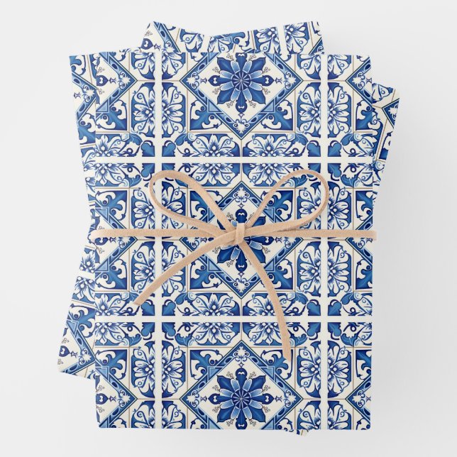 Mittelmeer-Fliesen, Portugal, Azulejo, Majolica Geschenkpapier Set (Beispiel)